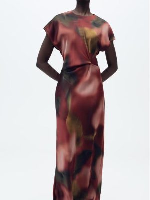 Printed Satin Dress – Bow Neck Cape Sleeve