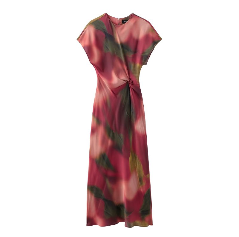 Printed Satin Dress – Bow Neck Cape Sleeve - Image 2