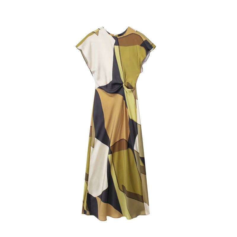 Printed Satin Dress – Bow Neck Cape Sleeve - Image 3
