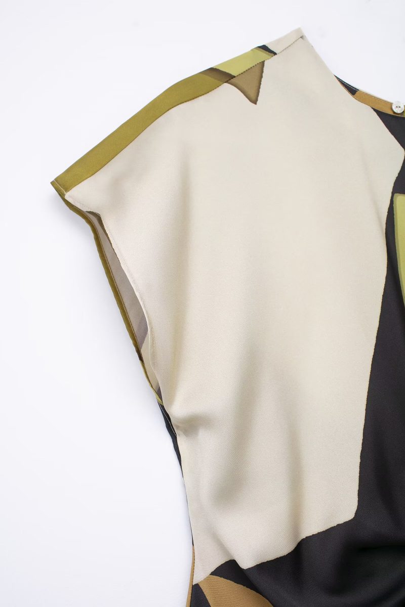 Printed Satin Dress – Bow Neck Cape Sleeve - Image 4
