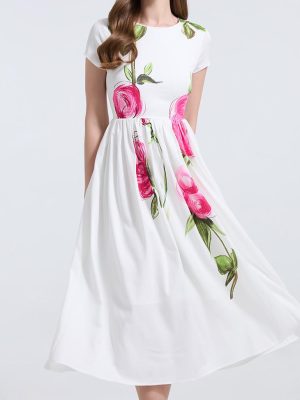 Elegant Vintage Pink Floral Dress Ladies