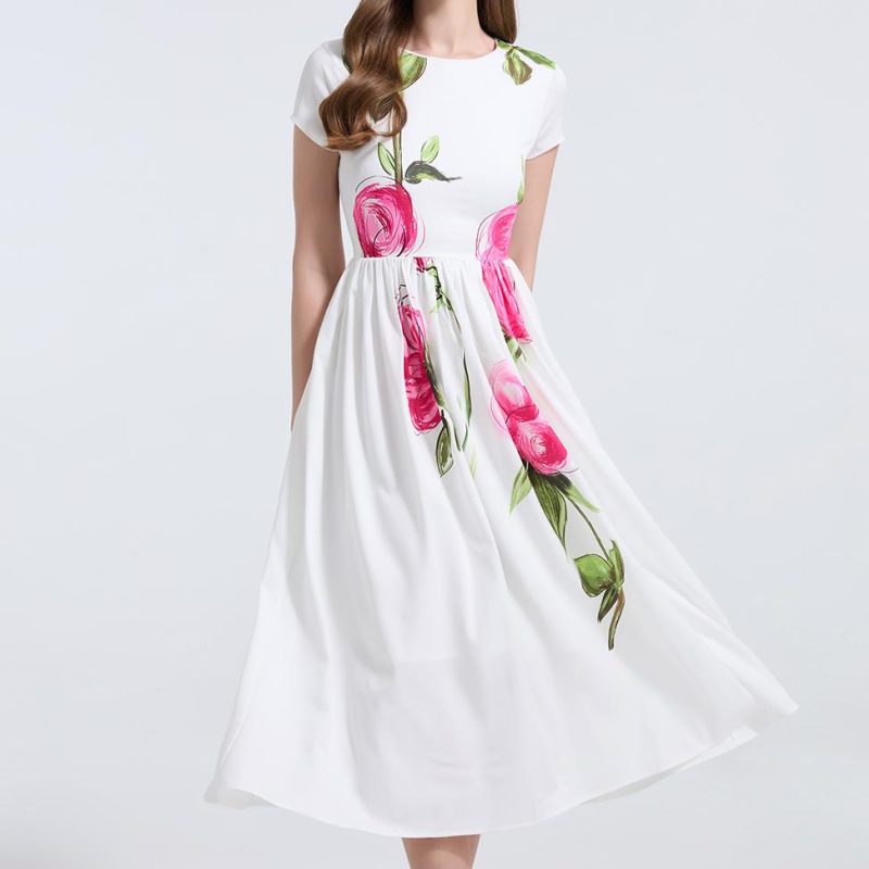 Elegant Vintage Pink Floral Dress Ladies