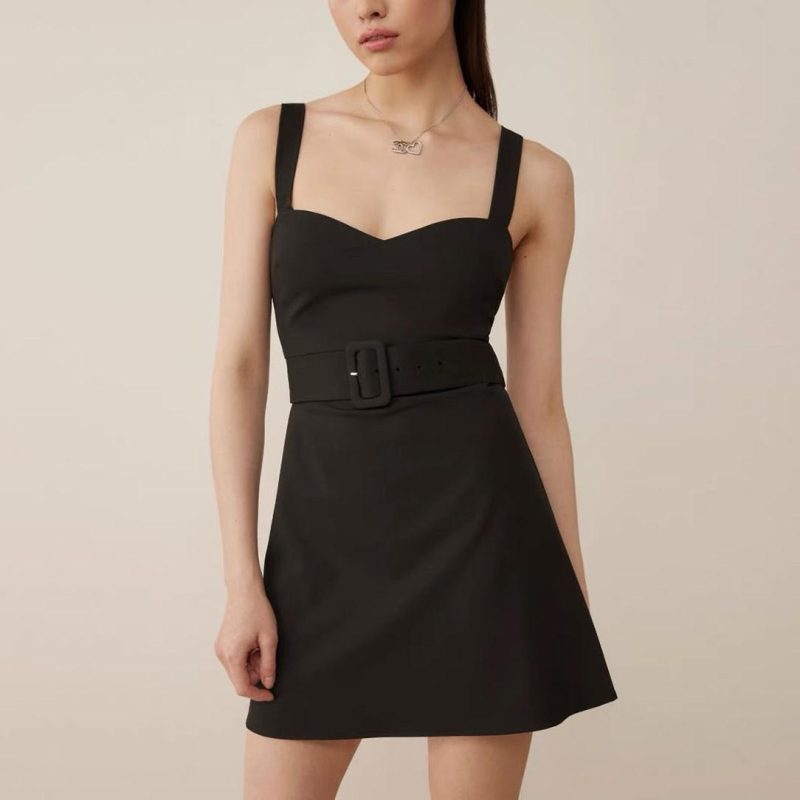 Spring Retro V-Neck Suspender Dress with Belt