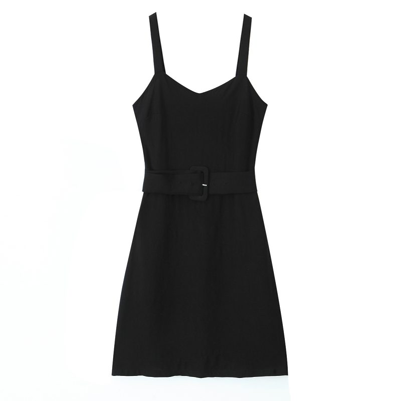 Spring Retro V-Neck Suspender Dress with Belt - Image 2