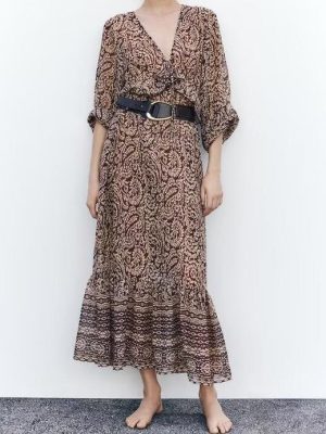 Elegant Printed V-Neck Slim A-Line Midi Dress
