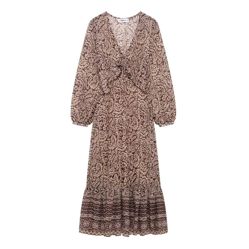 Elegant Printed V-Neck Slim A-Line Midi Dress - Image 2
