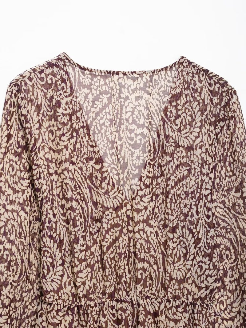 Elegant Printed V-Neck Slim A-Line Midi Dress - Image 4