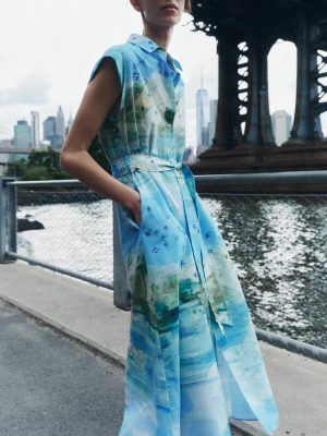 Printed Lace-Up Short Sleeve Shirt Dress Women