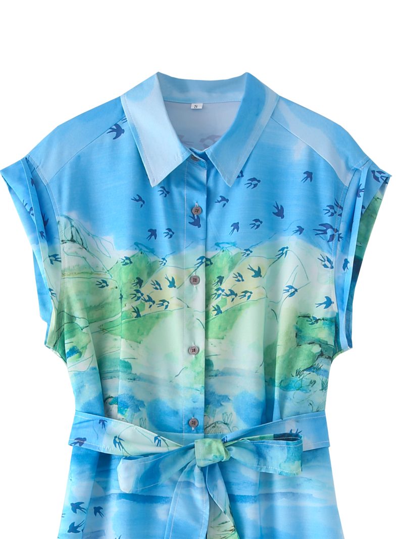 Printed Lace-Up Short Sleeve Shirt Dress Women - Image 2