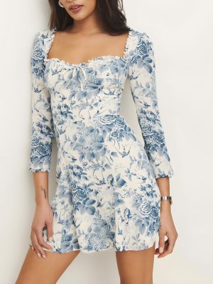 Floral Bird Print Spring Dress with Lace-Up