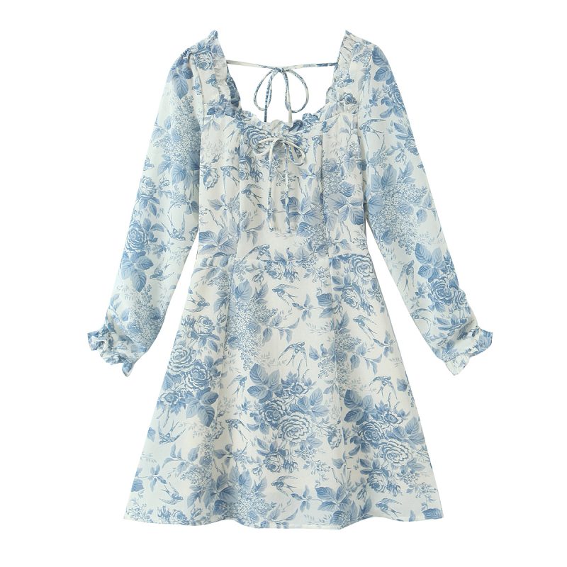 Floral Bird Print Spring Dress with Lace-Up - Image 2