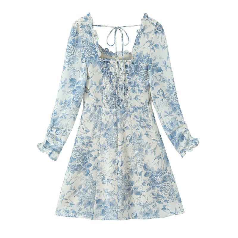 Floral Bird Print Spring Dress with Lace-Up - Image 3