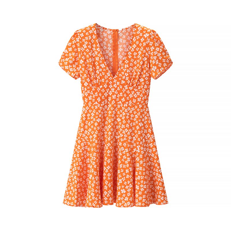 Floral V-Neck Flounce Vacation Dress – Short Sleeve