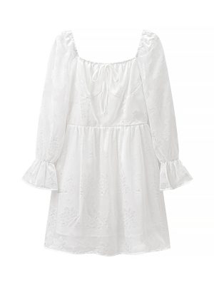 Off-Shoulder Pleated Lace-Up Embroidered Lantern Sleeve Dress