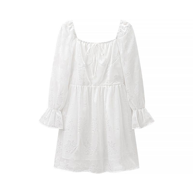 Off-Shoulder Pleated Lace-Up Embroidered Lantern Sleeve Dress