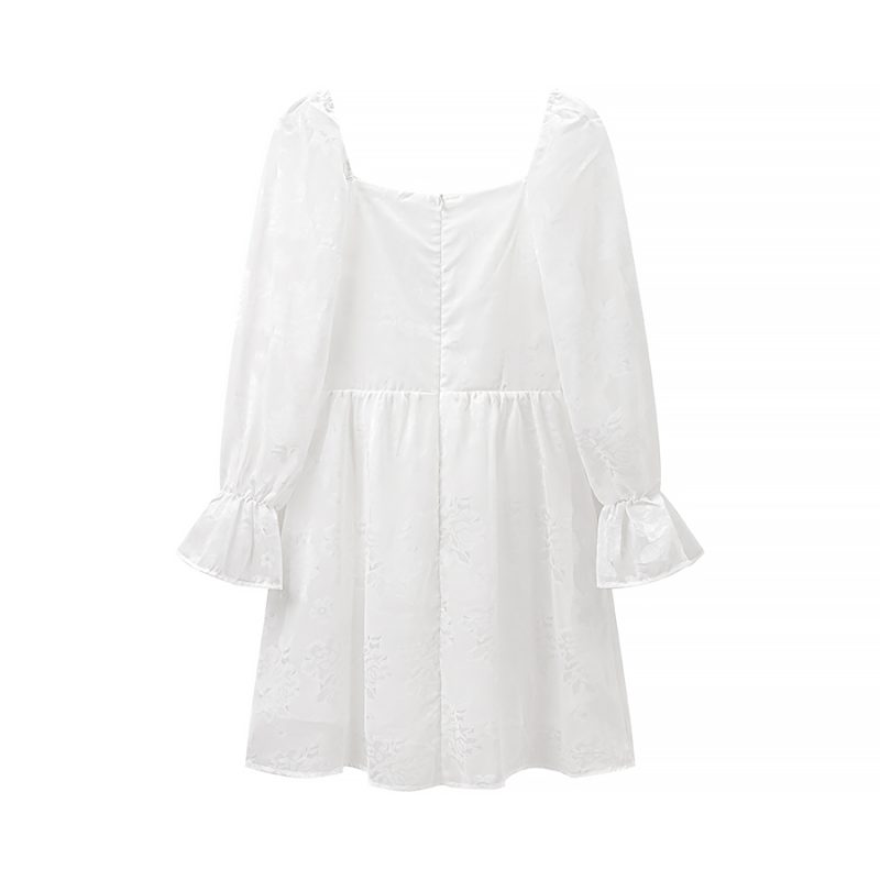 Off-Shoulder Pleated Lace-Up Embroidered Lantern Sleeve Dress - Image 2