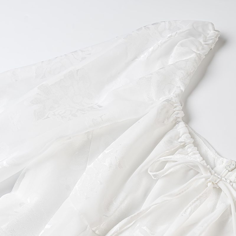 Off-Shoulder Pleated Lace-Up Embroidered Lantern Sleeve Dress - Image 4