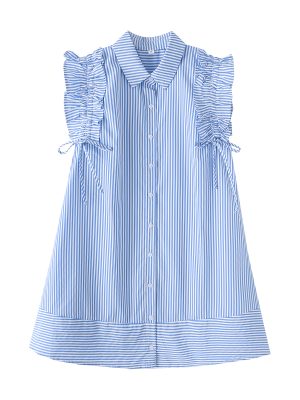 Striped Drawstring Lace Collar Summer Dress Women