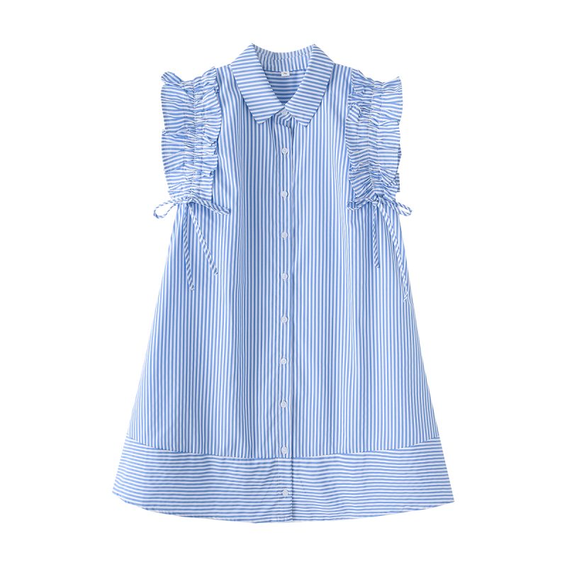 Striped Drawstring Lace Collar Summer Dress Women