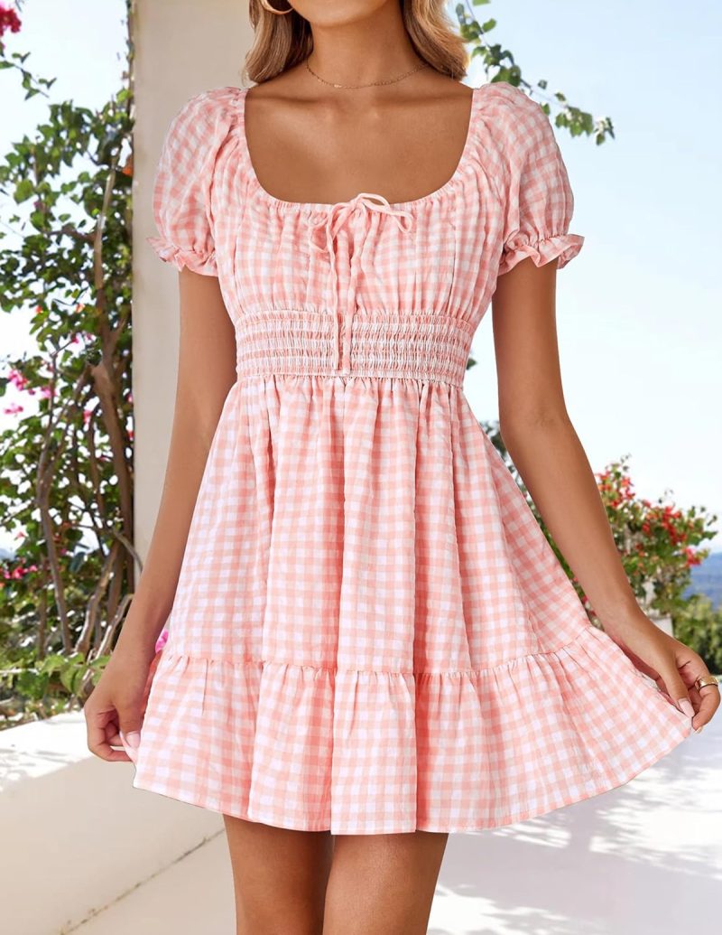 Plaid Square Neck Waist-Tight Swing Dress
