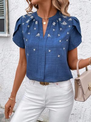 Spring Summer Half-Collar Short Sleeve Wrinkled Shoulder Printed Shirt
