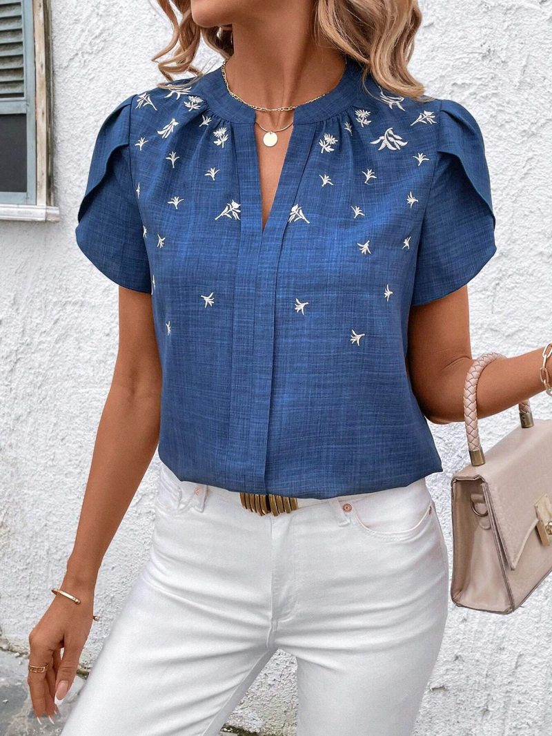 Spring Summer Half-Collar Short Sleeve Wrinkled Shoulder Printed Shirt