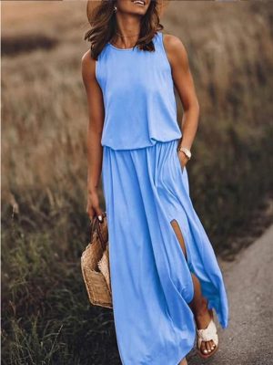 Sleeveless Split Solid Color Office Dress