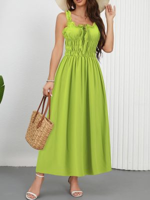 Solid Color Waist Tie Vacation Strap Dress