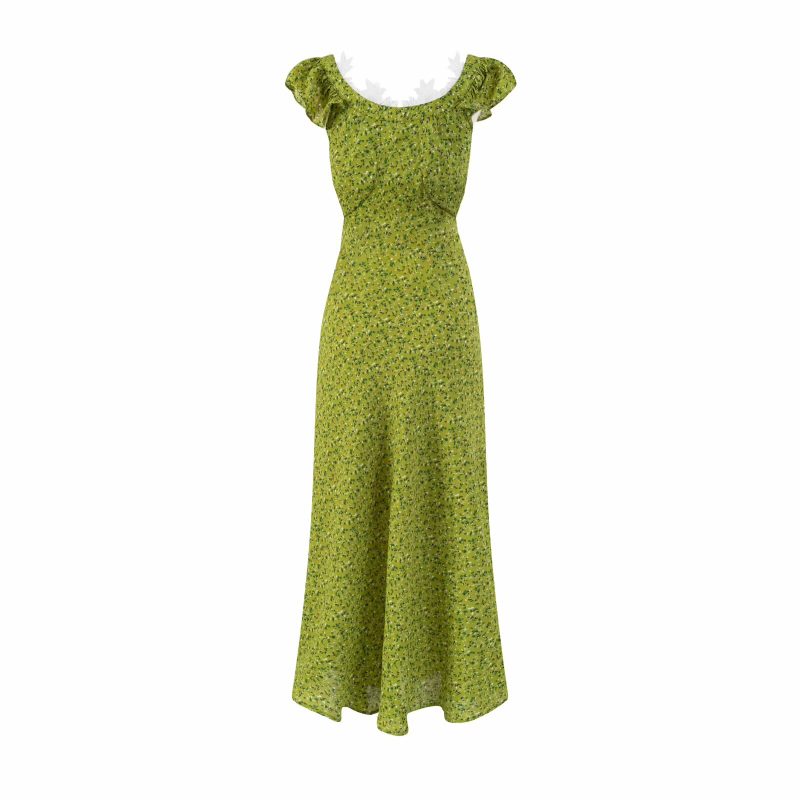 Lace Low Collar Flying Sleeve Fishtail Dress