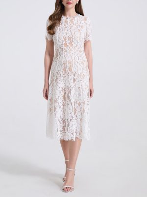 Elastic Lace Pearl Round Neck Slim Dress