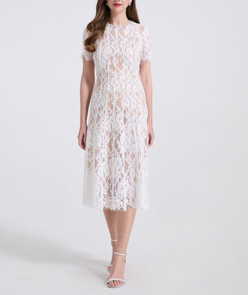 Elastic Lace Pearl Round Neck Slim Dress