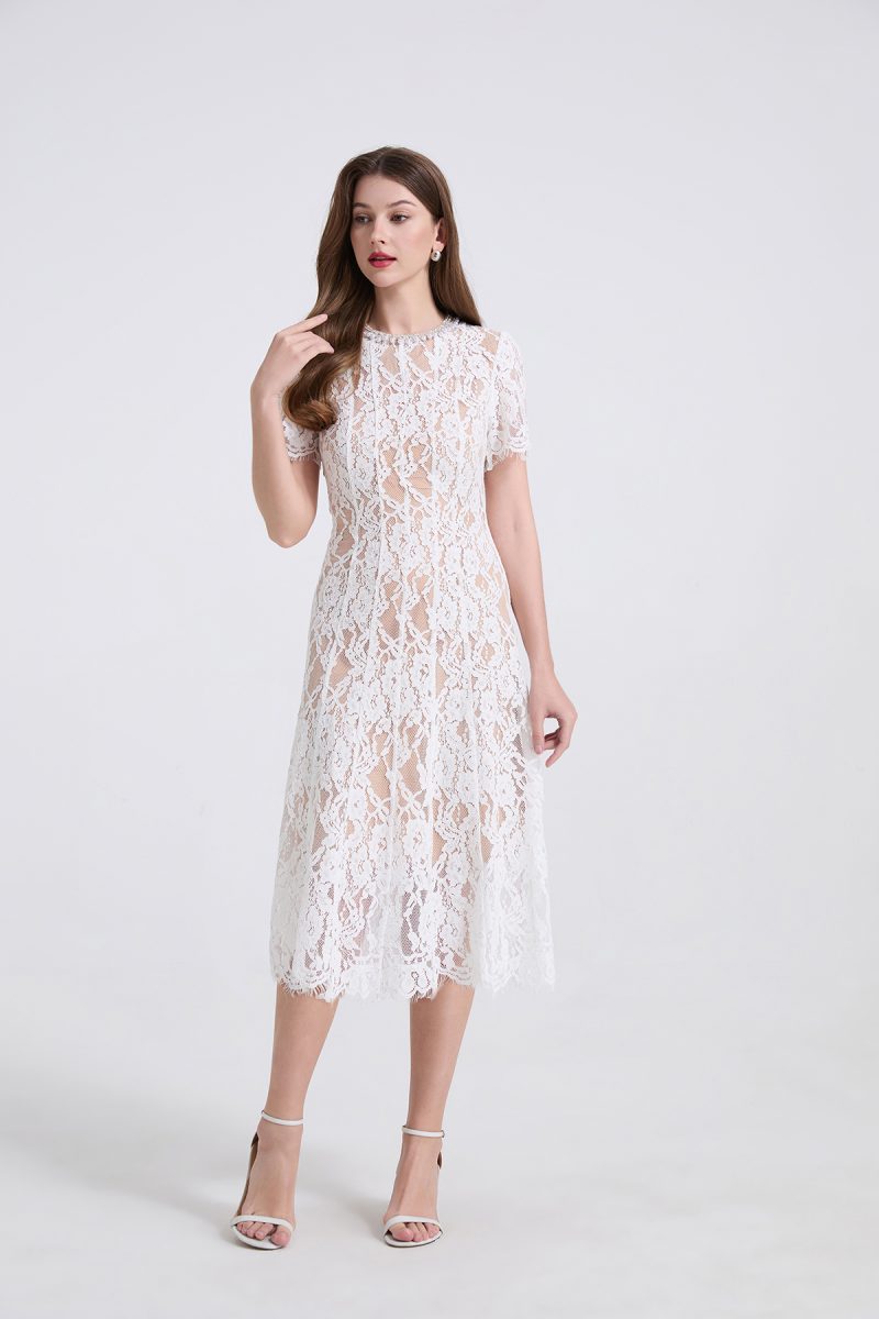 Elastic Lace Pearl Round Neck Slim Dress - Image 2