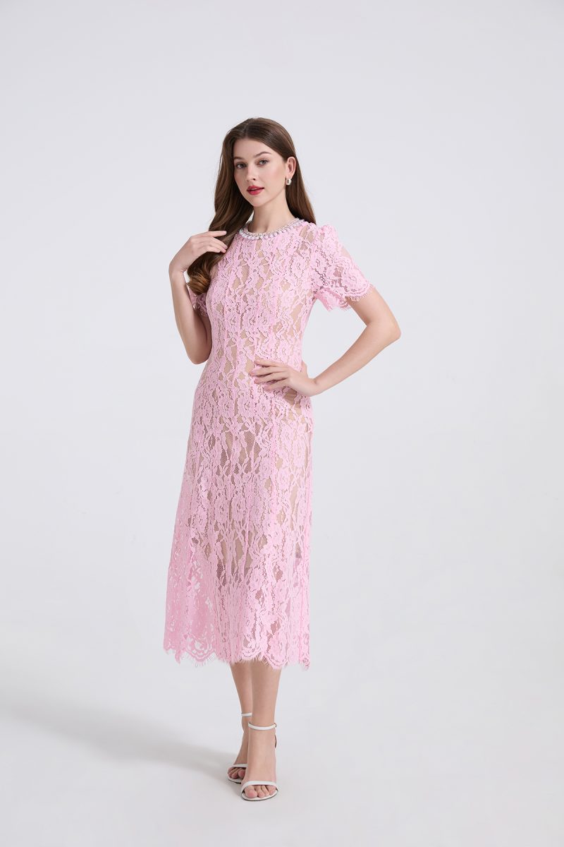 Elastic Lace Pearl Round Neck Slim Dress - Image 3