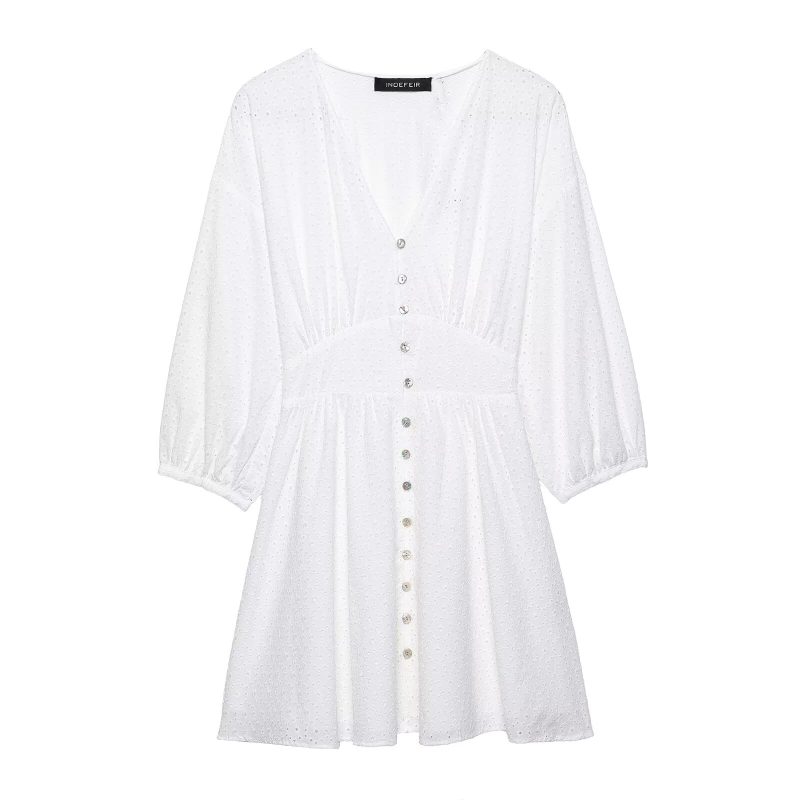 White Draped Waist Long Sleeve Dress - Image 3