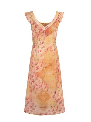 Square Collar Lace-Up Printed Slim Midi Dress