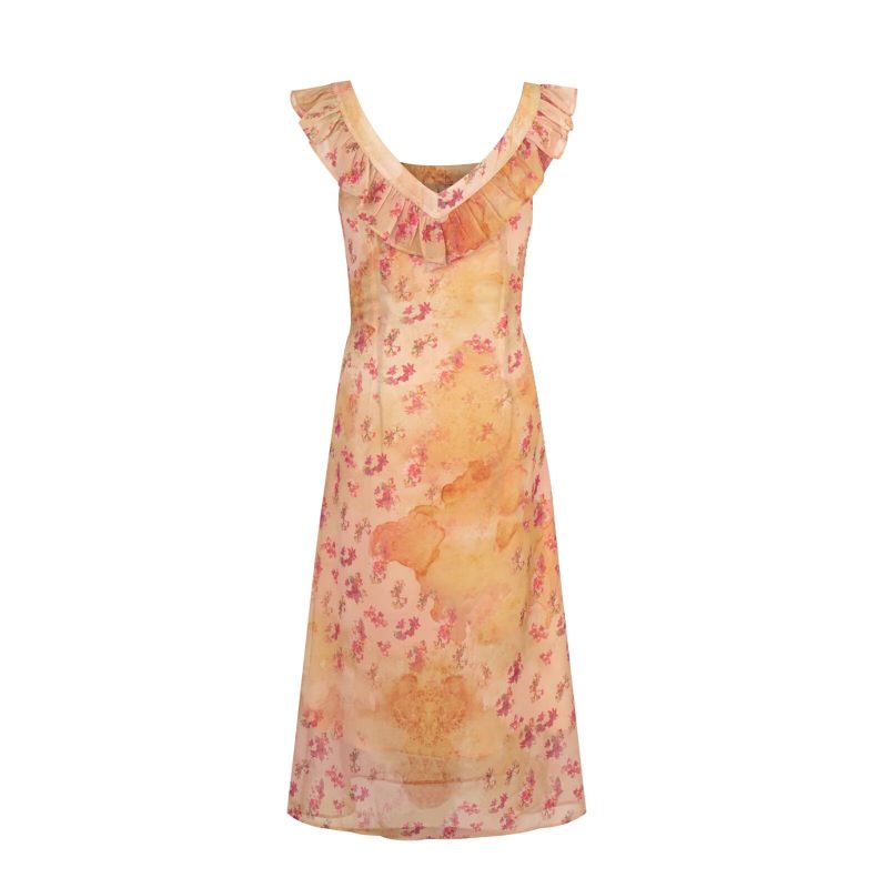 Square Collar Lace-Up Printed Slim Midi Dress