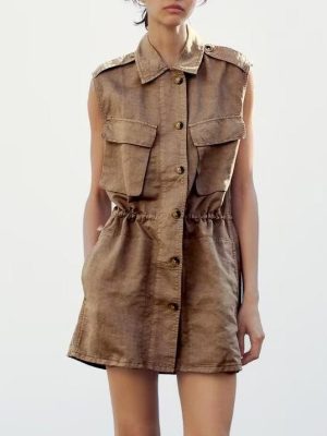 Spring Short Dress with Pocket Decoration