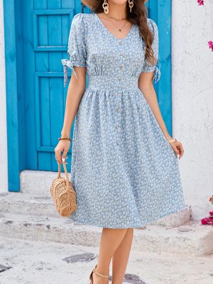 Half Button Floral Dress with Puff Sleeves