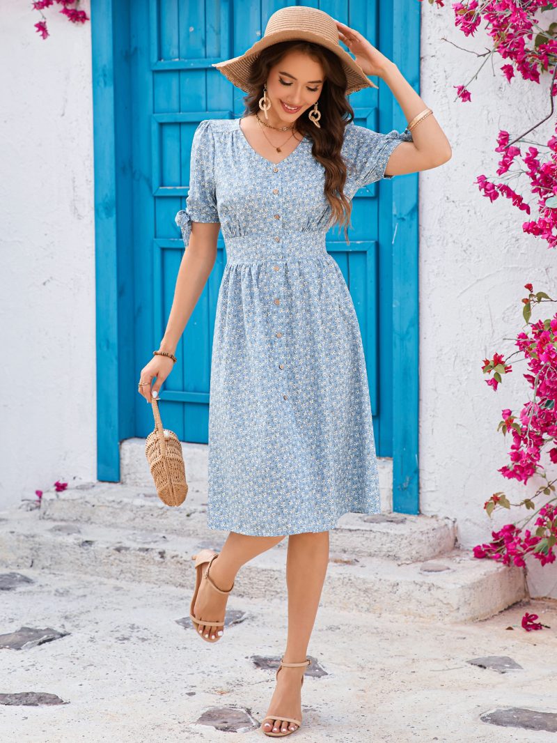 Half Button Floral Dress with Puff Sleeves - Image 3