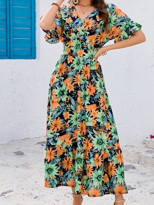Boho Print Swing Dress with Ruffles – Batwing Sleeves & Vacation Style