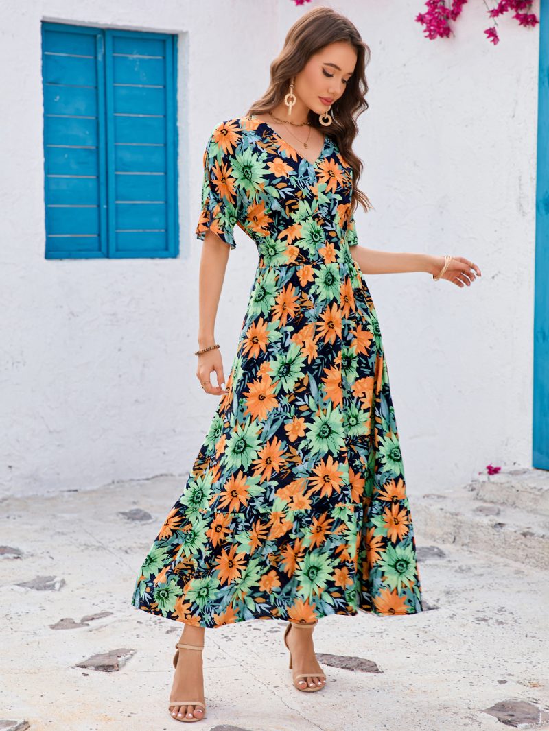 Boho Print Swing Dress with Ruffles – Batwing Sleeves & Vacation Style - Image 2