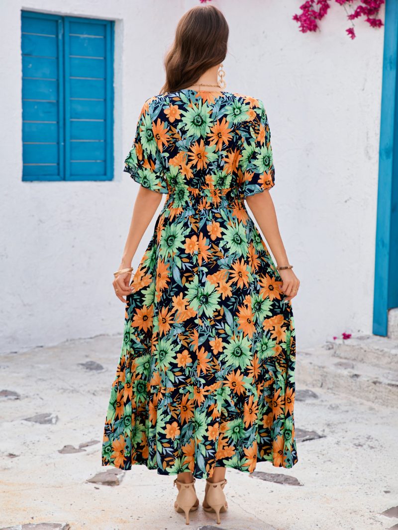 Boho Print Swing Dress with Ruffles – Batwing Sleeves & Vacation Style - Image 4
