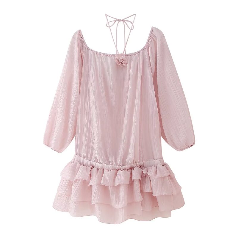 Spring Ruffled Dress – Floral Texture See Through