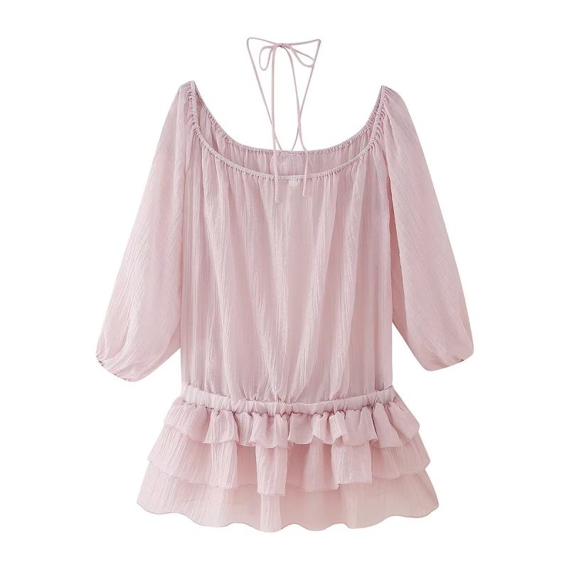 Spring Ruffled Dress – Floral Texture See Through - Image 2