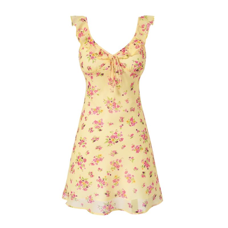 Yellow Printed Short Dress for Spring Vacation