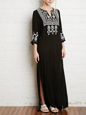 V-Neck Embroidered Dress with Side Slit