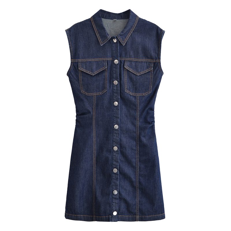 Summer Denim Mini Pleated Sleeveless Dress - Image 2