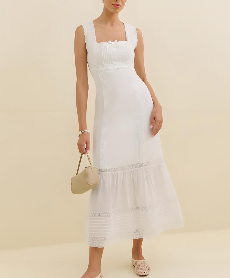 Spring Lace Square Collar Bow Vest Dress
