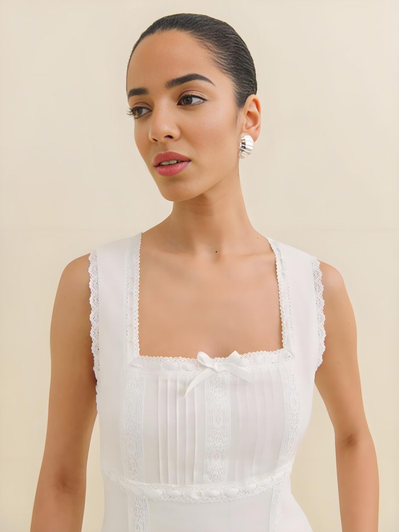 Spring Lace Square Collar Bow Vest Dress - Image 2