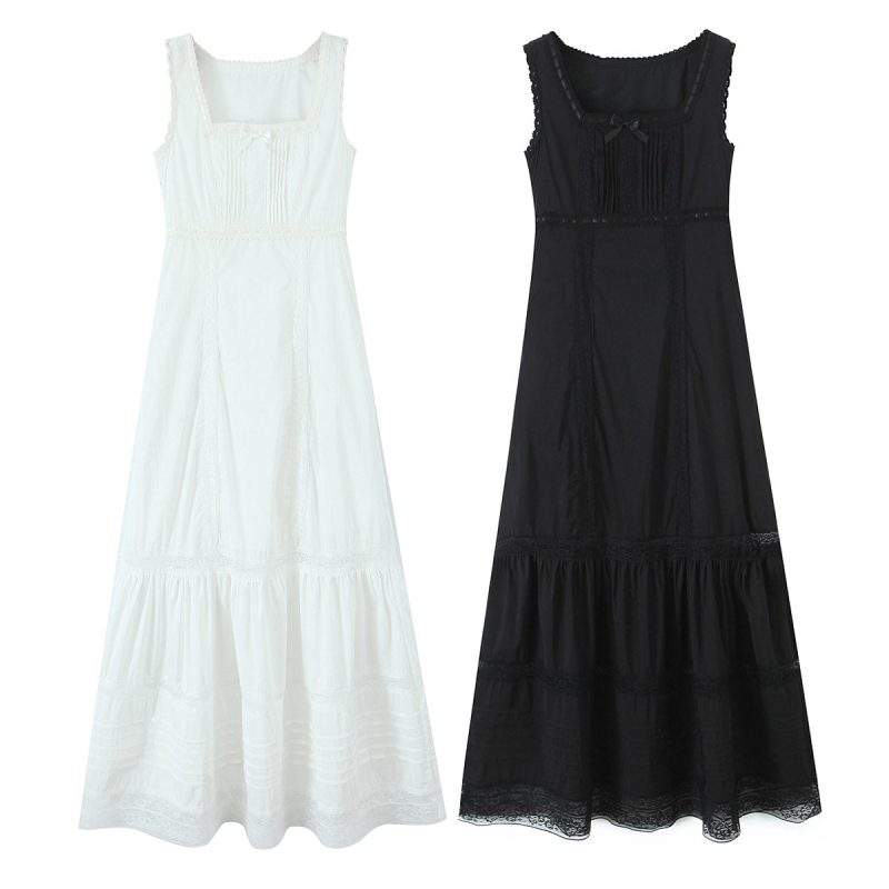 Spring Lace Square Collar Bow Vest Dress - Image 3